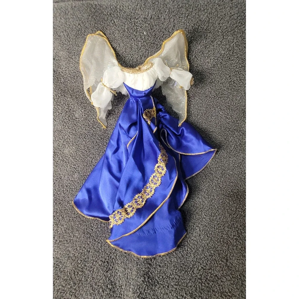 Royal Blue Satin Angel Tree Topper Gold Lace Trim White Wings Holiday Decor
